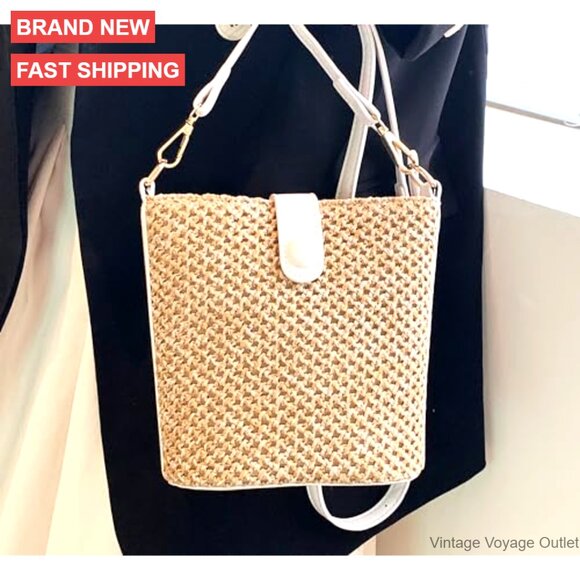 Straw Crossbody Bag with Leather Straps Hand Woven Clutch Purse Vacation